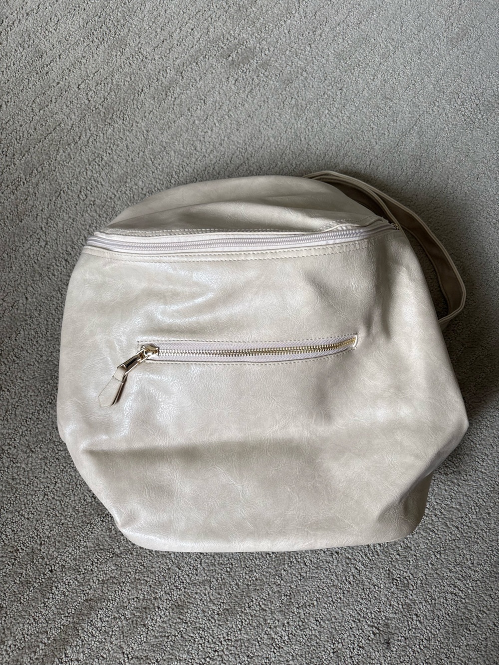 Minimal Cream Faux Leather Backpack with Front Zip Pocket